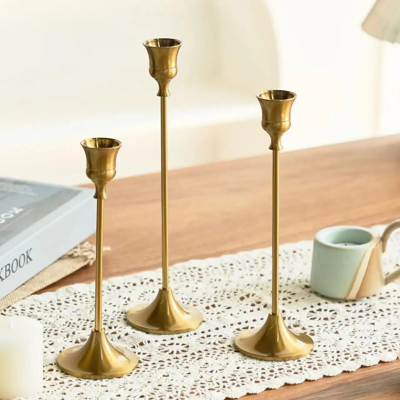 kit de bougeoirs décoratifs en laiton doré pour mariage et dîner - vue 2 sur 18