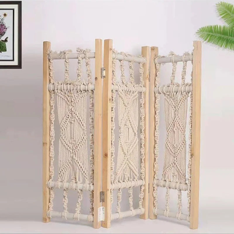 paravent bohème en bois massif tissé main décorations japonaises et coréennes - vue 1 sur 6