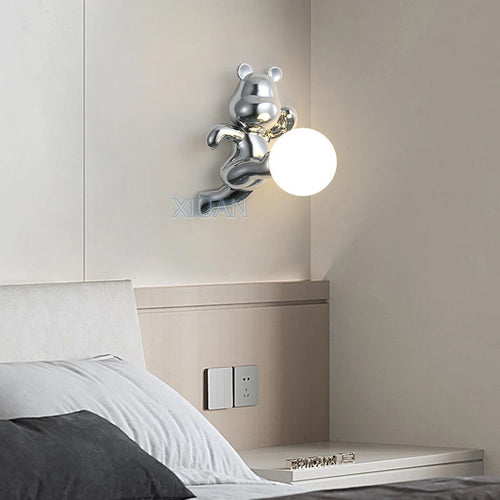 Chrome White Pink Bear Lights Art Design Bedroom Bedside Wall Lamps Resin Animal Glass Sconces Living Room Decorative Wall Light - vue 6 sur 18