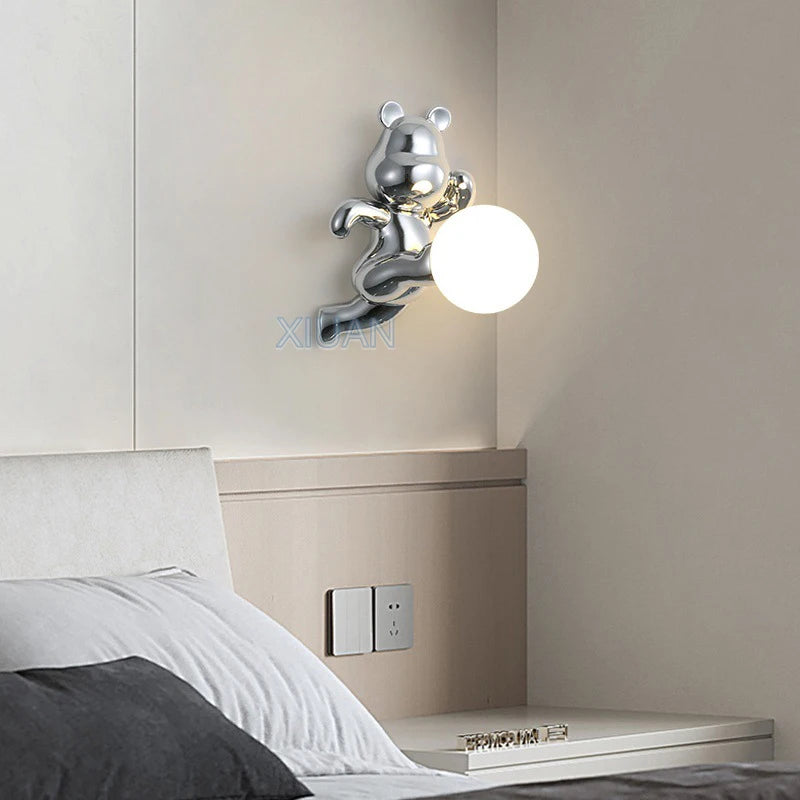Chrome White Pink Bear Lights Art Design Bedroom Bedside Wall Lamps Resin Animal Glass Sconces Living Room Decorative Wall Light - vue 5 sur 18