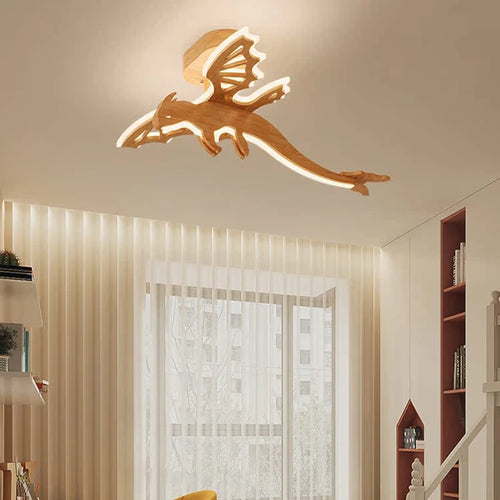 plafonnier led dragon en bois nature nordique pour enfants - vue 5 sur 7