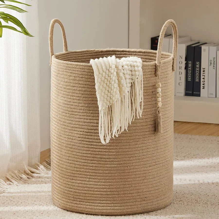 grand panier de rangement tissé avec poignées en coton pliable - vue 2 sur 9