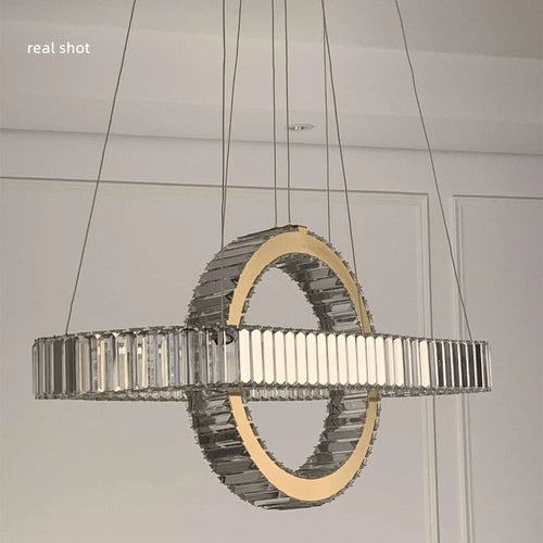 Lustre LED led moderne en acier doré avec cristaux et câble réglable - vue 5 sur 12