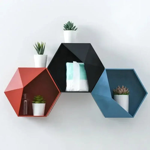 support mural en bois hexagonal pour livres et décorations - vue 3 sur 12