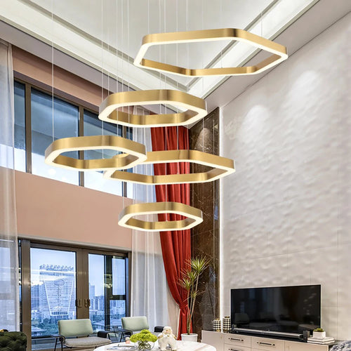 Hexagone Design Led Lustre Moderne De Luxe En Acier Inoxydable Lampe Salon Suspension Luminaire Décor À La Maison Escalier Plafond Lustre - vue 2 sur 14