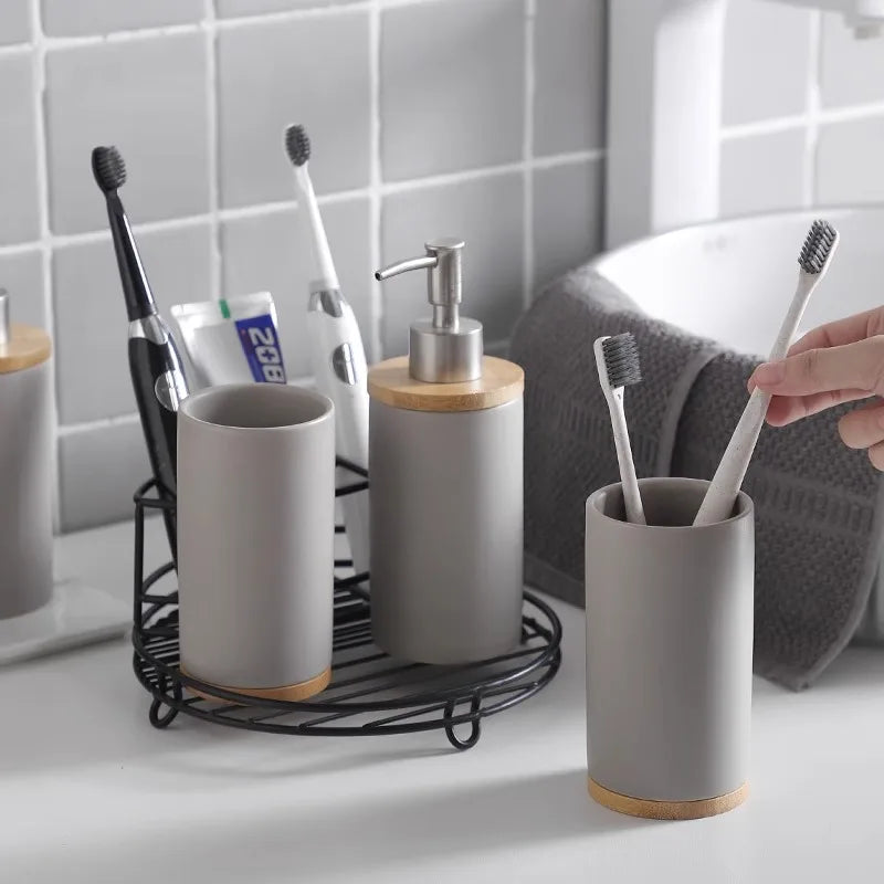 porte-brosse à dents en céramique style nordique avec base en bois - vue 2 sur 22