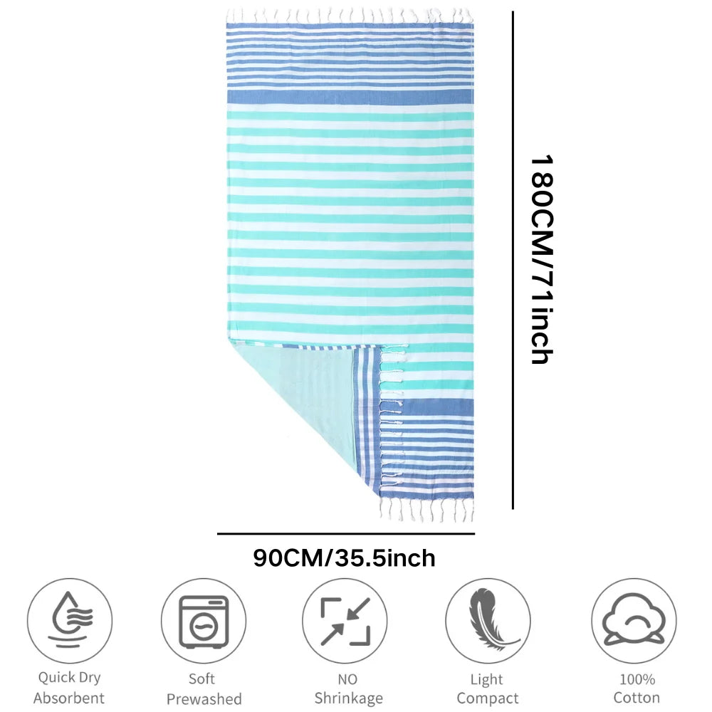 serviette de plage turque coton rayures pompons légère - vue 3 sur 7