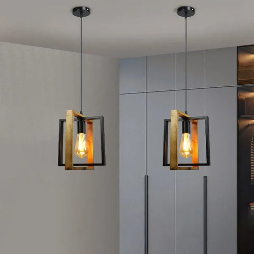 lustre rétro en fer et bois pour bar restaurant - vue 3 sur 7