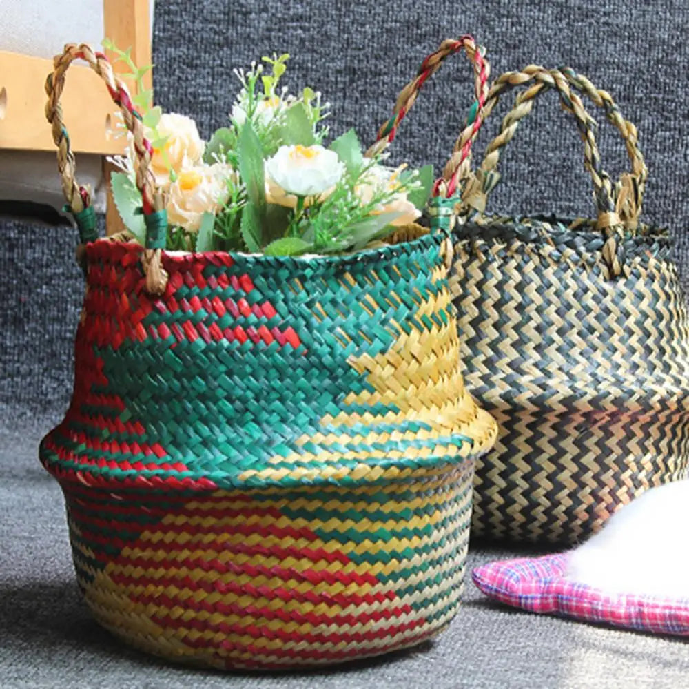 panier de rangement en paille avec poignée pliable pour fleurs et linge - vue 4 sur 8