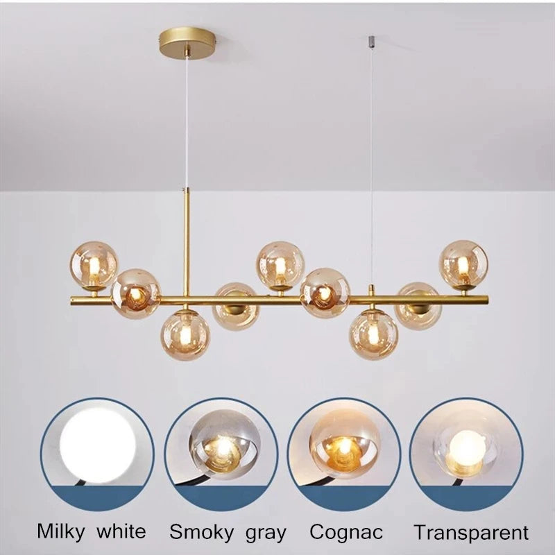 lustre long moderne en boule de verre abat-jour suspendu décoration led - vue 3 sur 30