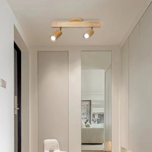 plafonnier led moderne en bois avec projecteur sur rail - vue 3 sur 10