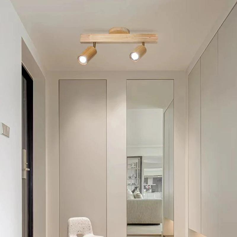plafonnier led moderne en bois avec projecteur sur rail - vue 3 sur 10