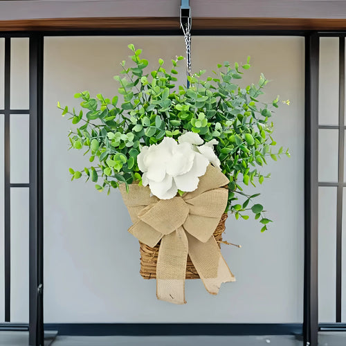 couronne de printemps en eucalyptus et fleurs blanches décorative - vue 2 sur 9