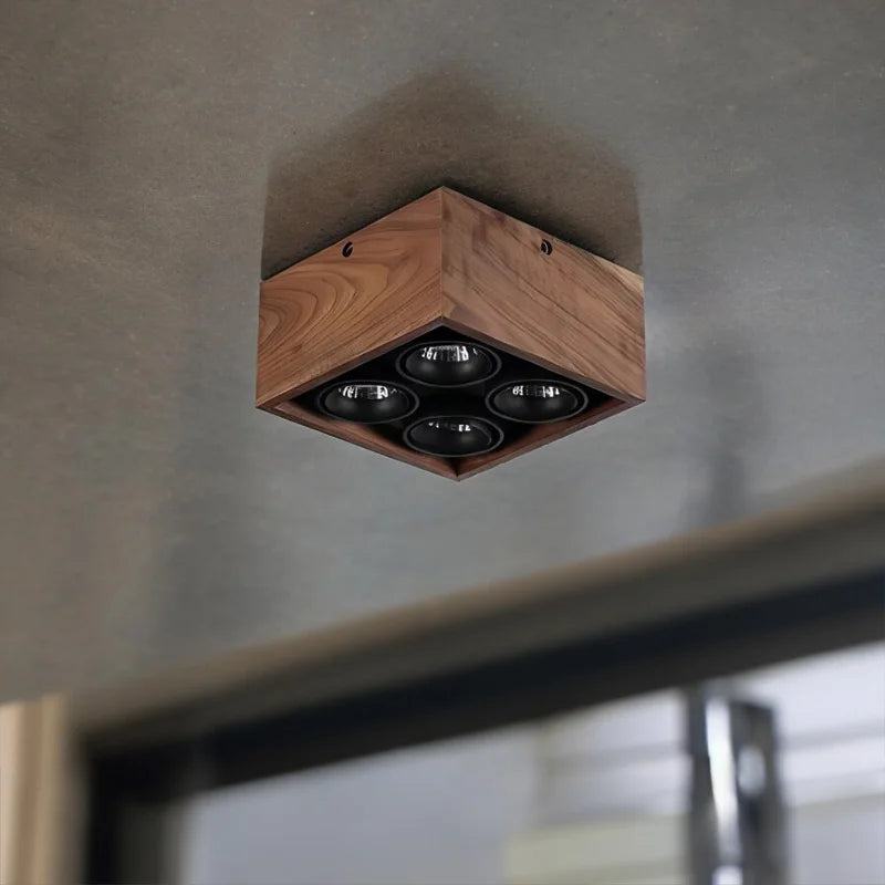 Walnut Wood Square Box, Simple Modern Wabi-sabi style, Spotlights and downlights for Bedroom, Bedside, Living, Dining Room - vue 5 sur 20