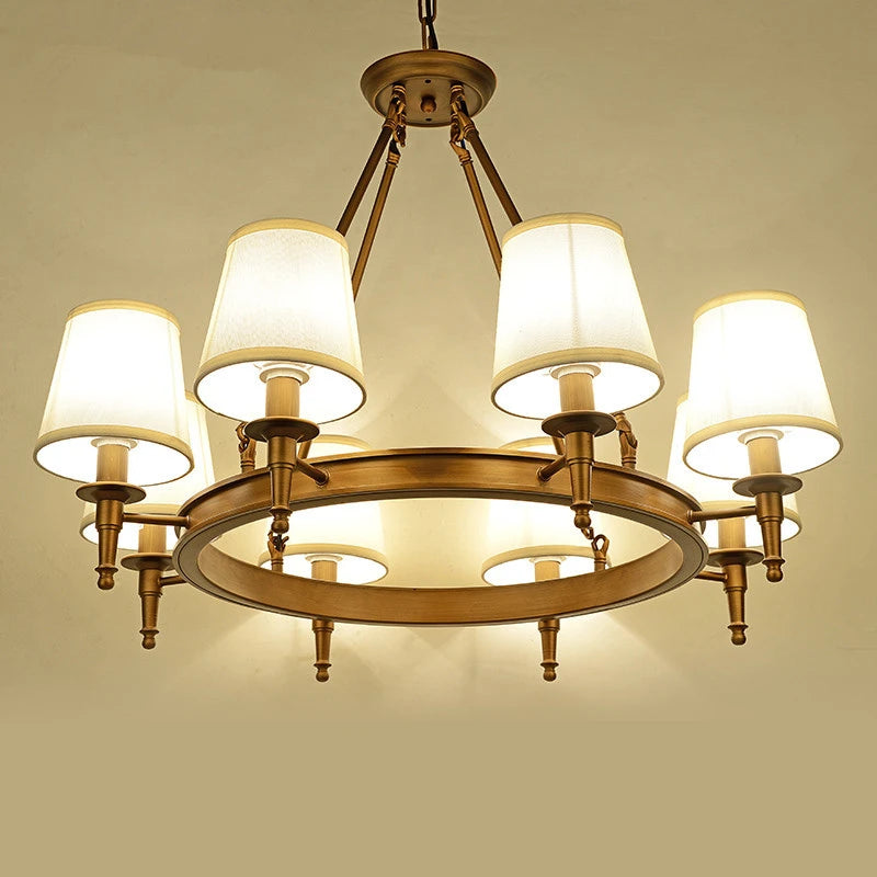 lustre classique américain en fer forgé avec abat-jour tissu - vue 3 sur 19
