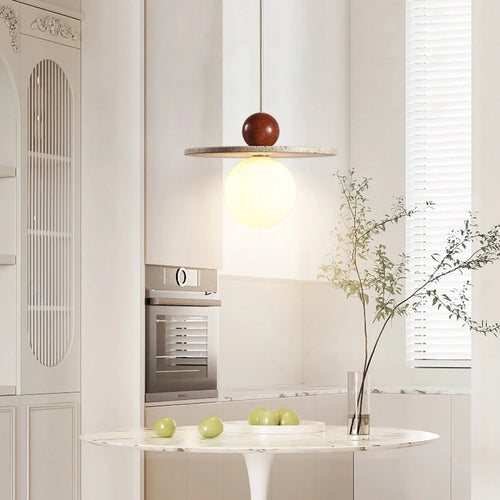 lustre rond en pierre et bois pour diverses utilisations - vue 5 sur 7