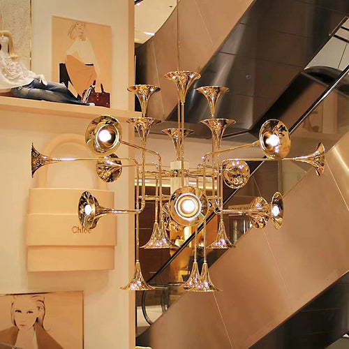 lustre trompette dorée à plusieurs têtes design moderne - vue 4 sur 10