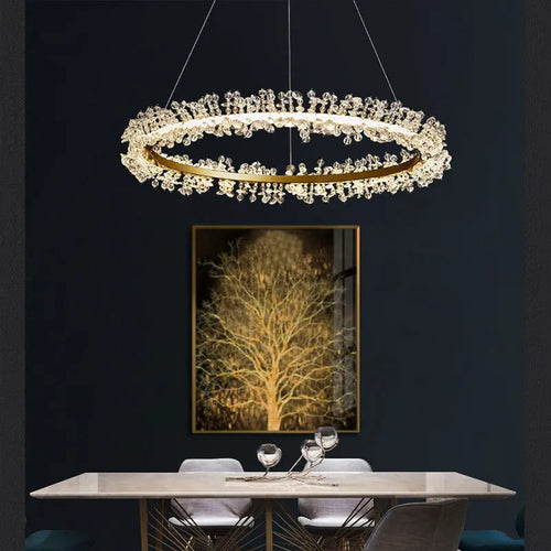 lustre en cristal de luxe avec anneau doré lumineux et élégant - vue 6 sur 18