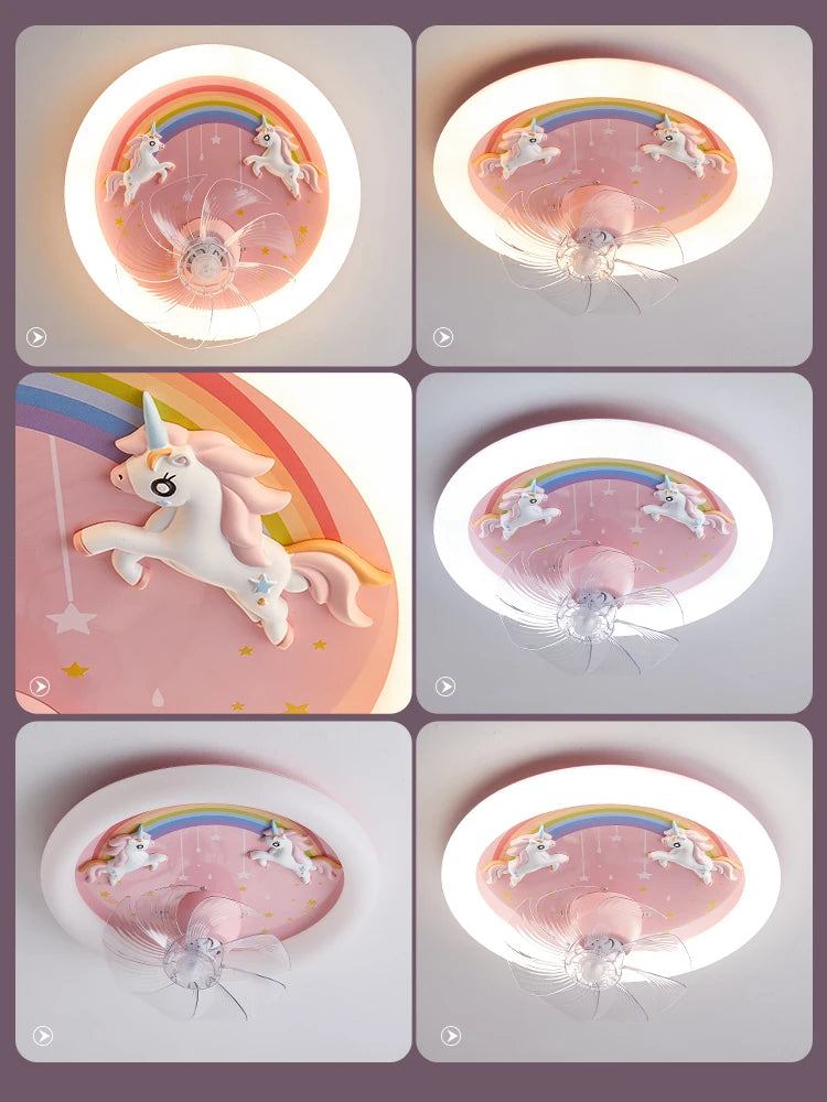 Creative LED Ceiling Light with Fan Pink Princess Children's Room Bedroom Ceiling Fan Resin Unicorn Rainbow Remote Control 220V - vue 6 sur 7