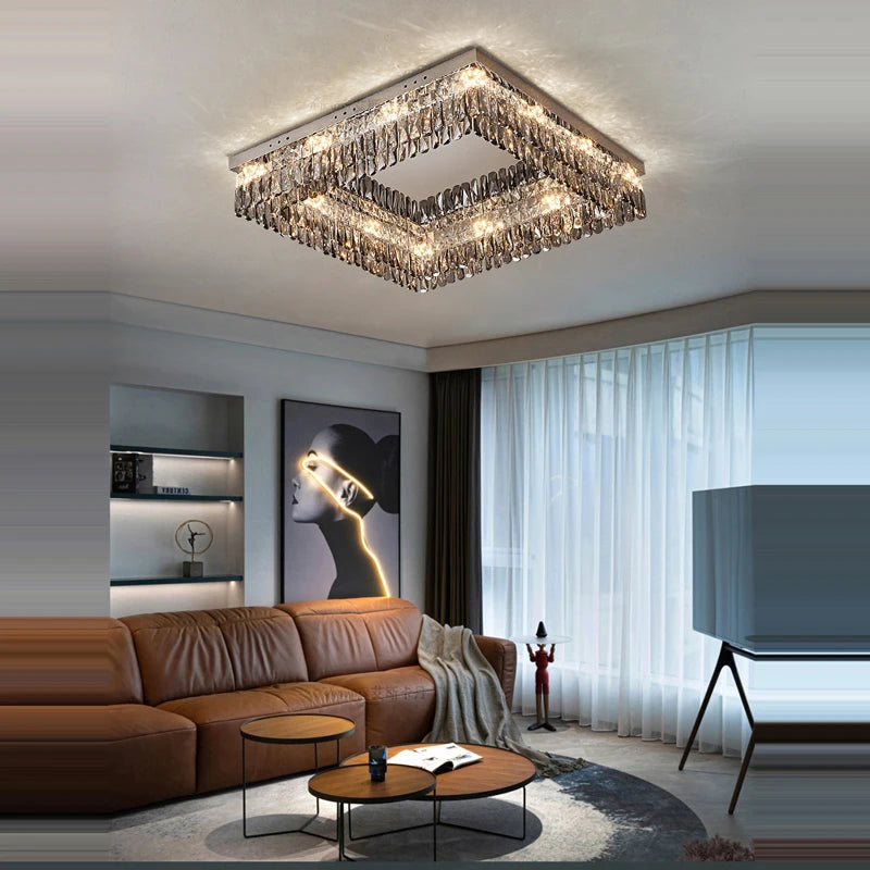 lustre led dimmable rond rectangulaire en cristal - vue 4 sur 18