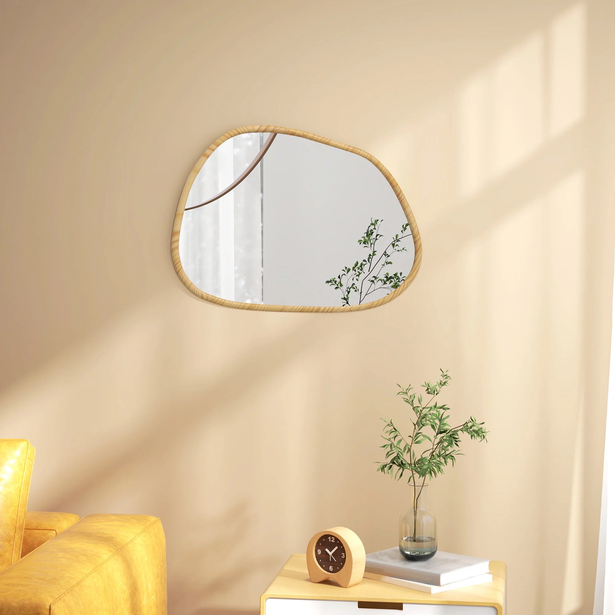 miroir mural homcom forme irrégulière avec cadre en bois naturel - vue 3 sur 7