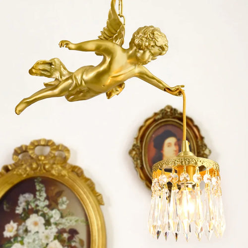 lustre moderne led avec ange en cristal médiéval bronze - vue 2 sur 11