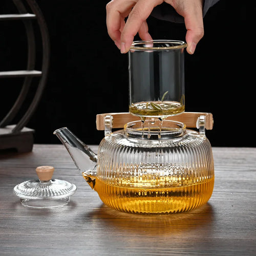 Theiere verre borosilicate filtre integre anse bois design - vue 3 sur 6