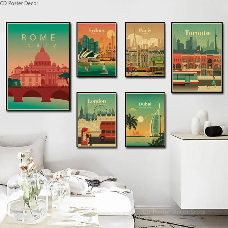affiche rétro des villes du monde pour décoration murale - vue 3 sur 6