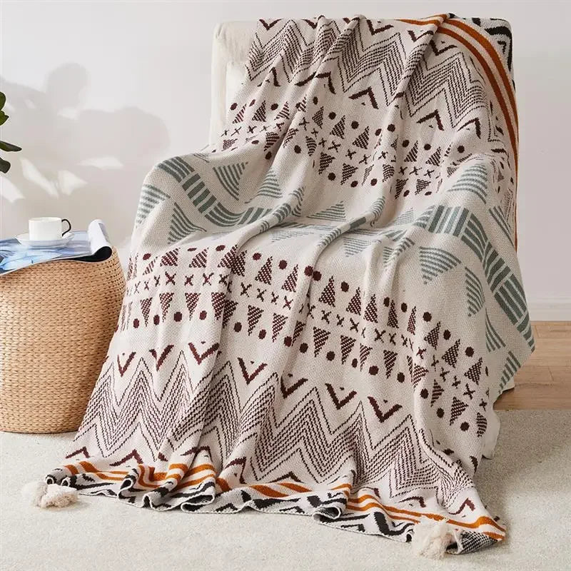 plaid tricoté bohème à rayures avec pompons doux