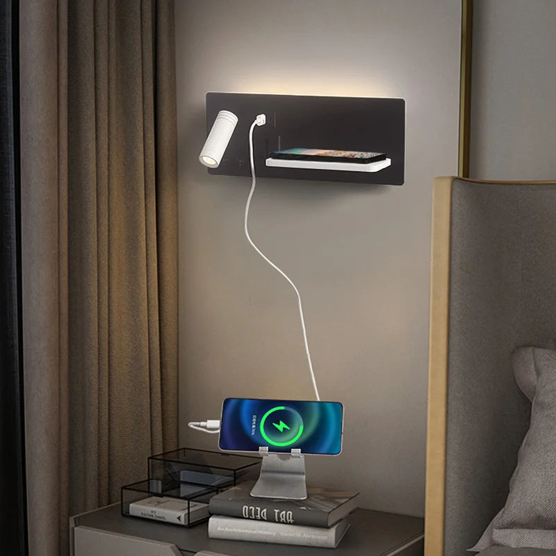 lampe de chevet murale avec chargement sans fil usb type-c et projecteur rotatif - vue 4 sur 14