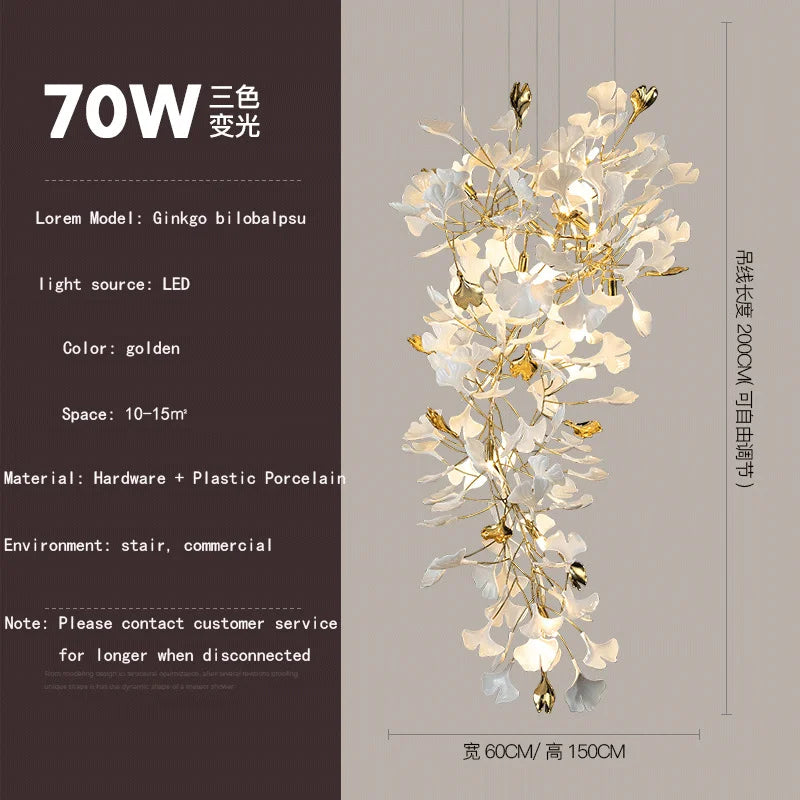 Ginkgo feuille cage d'escalier long lustre lumière atmosphérique villa de luxe duplex bâtiment loft hall d'hôtel lampes d'art créatives - vue 14 sur 20