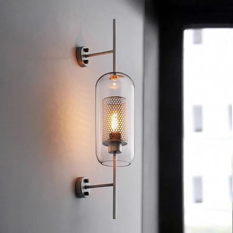 American Industrial Wall Lamps Clear Glass Wall Light Iron Metal Cage Living Room Decorative Wall Light Hallway Entrance Aisle - vue 4 sur 14