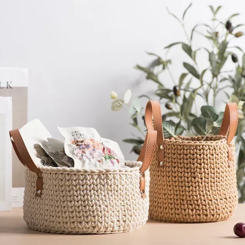 panier de rangement tricoté à la main en coton avec poignée en cuir - vue 5 sur 16