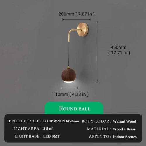 Walnut Wood Round ball Wall light, Wabi-sabi Modern style, Wall Sconces for Bedroom, Living, Corridor, Aisle balcony, Entrance