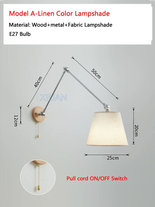 Nordic Shiftable Rocker Arm Wall Lamps Fabric Lampshade Dining Table Wall Light for Bedside Study Reading Lighting ON/OFF Switch - vue 13 sur 14