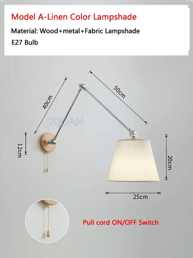 Nordic Shiftable Rocker Arm Wall Lamps Fabric Lampshade Dining Table Wall Light for Bedside Study Reading Lighting ON/OFF Switch - vue 12 sur 14