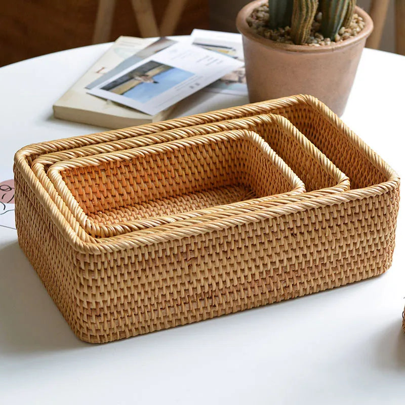 paniers rectangulaires en rotin tissés à la main pour rangement et décoration - vue 3 sur 8