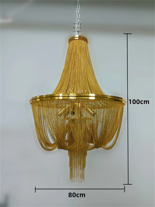 lustre moderne à pampilles en aluminium doré avec chaîne décorative - vue 9 sur 12