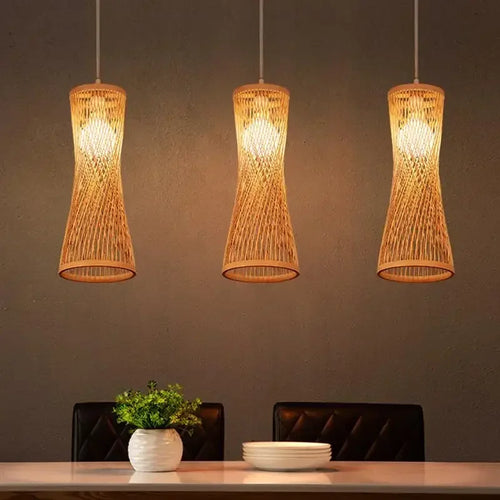 lustre en bambou et rotin tissé style japonais pour décoration - vue 2 sur 15