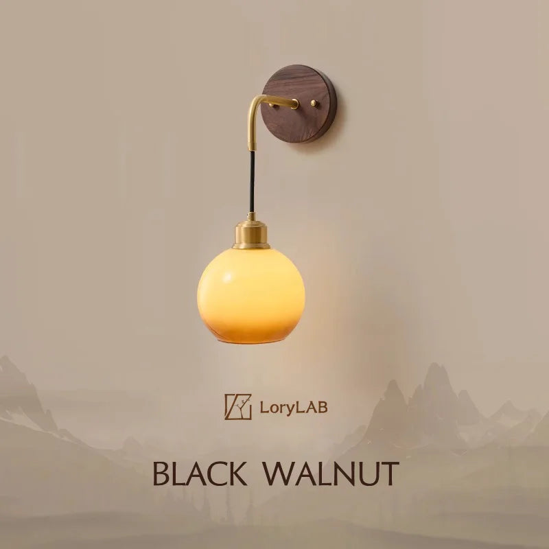 Walnut Wood Brass Gradient Glass Wall Light, Wall Sconce for Bedroom, Bedside, Living, Dining Room, Corridor aisle - vue 1 sur 7