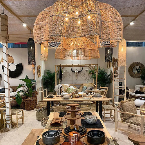lampe suspendue rotin pétales main salon cuisine décor - vue 7 sur 13