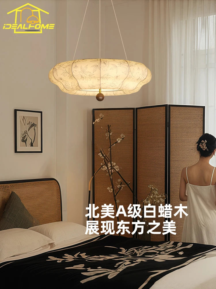 suspension en bois massif et tissu style rétro médiéval décoratif - vue 3 sur 8