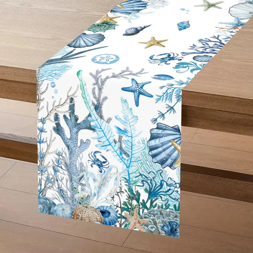 Chemin de table motif vie marine étoiles hippocampes - vue 3 sur 7