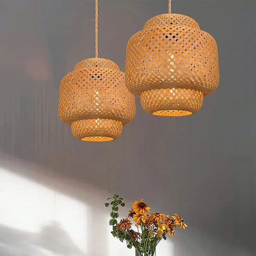 suspension antique en corde de chanvre et bambou tissé à intensité variable - vue 9 sur 11