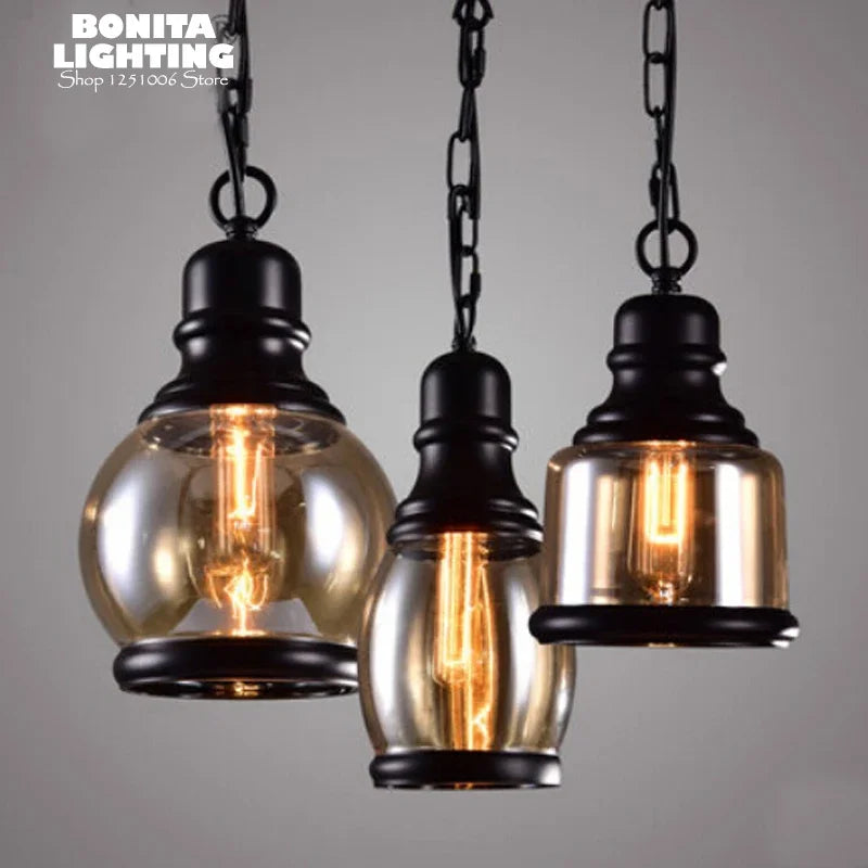 suspension industrielle rétro en verre ambré avec corde de chanvre - vue 2 sur 6