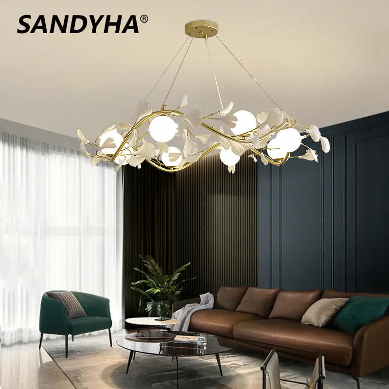 SANDYHA Moderne Fleur Branche Lustre Surround Boule De Verre Anneau Suspension Lumière Led pour Salon Salle À Manger Chambre Lustre Salon - vue 3 sur 8