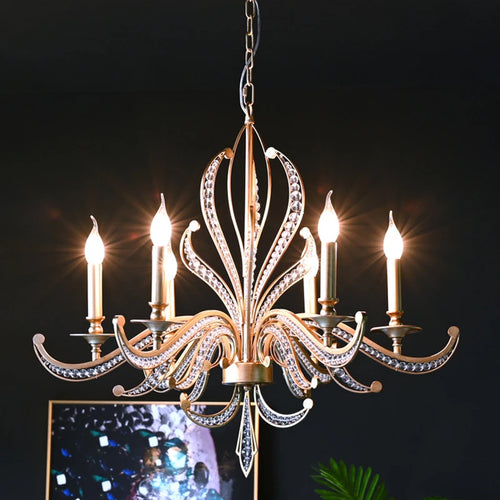 lustre en métal doré antique avec décoration en cristal - vue 2 sur 8
