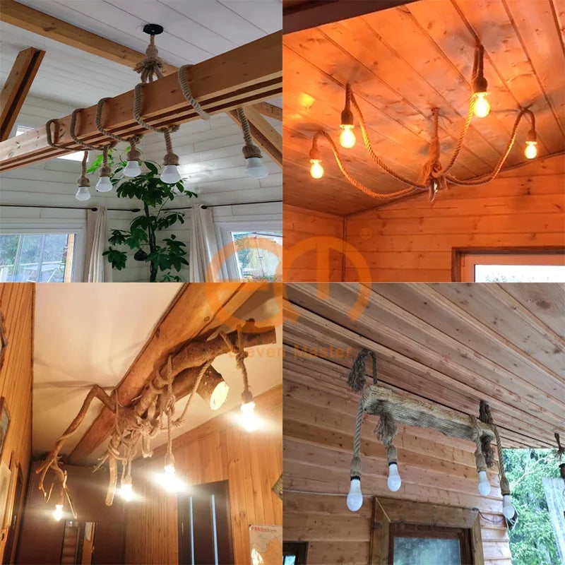 suspension rétro loft industriel en corde de chanvre avec ampoule edison - vue 6 sur 11