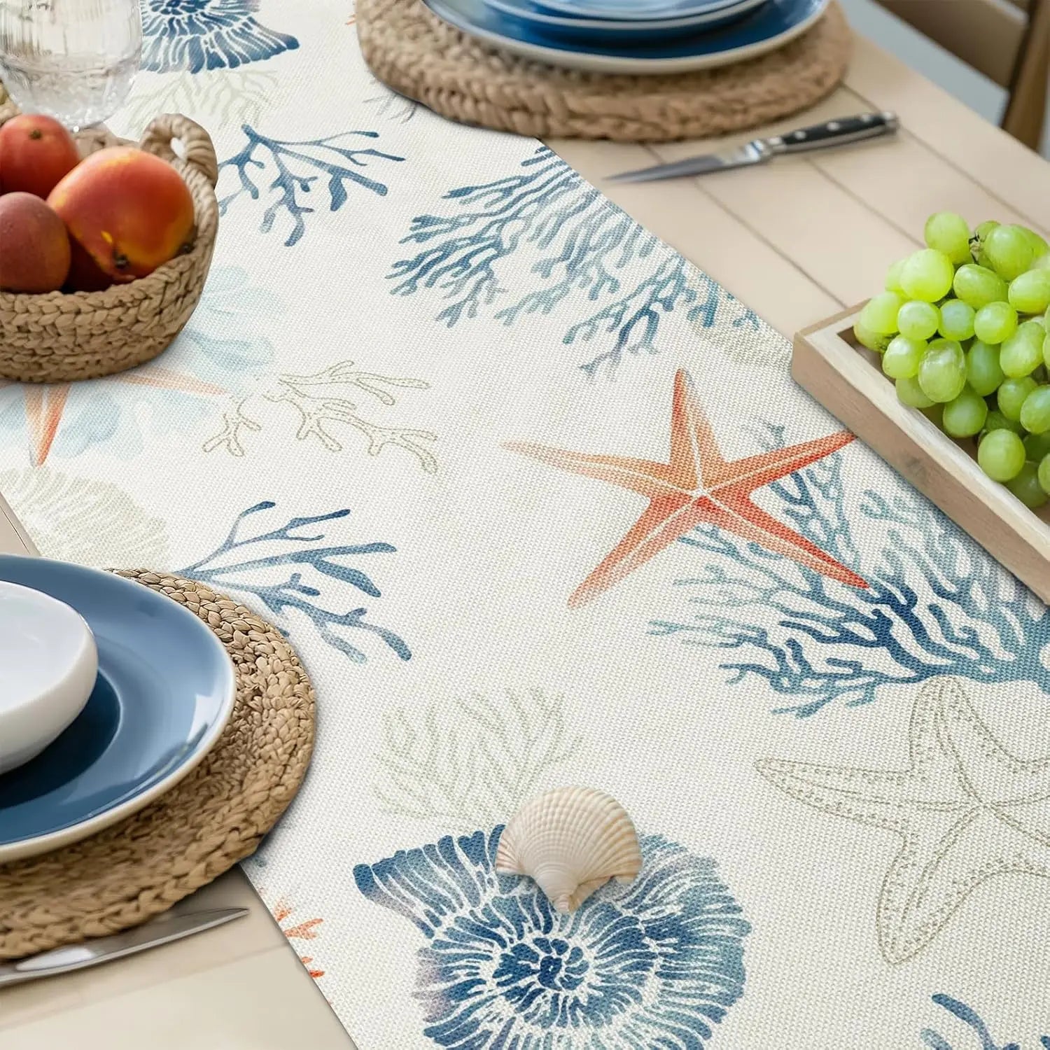 Chemin de table lin motif ocean style nautique - vue 4 sur 6