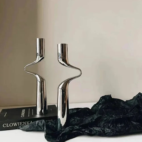bougeoir en métal argenté candélabre de luxe double tête décoratif - vue 3 sur 9